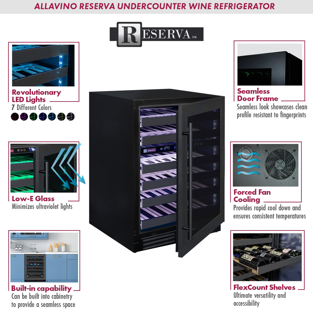 Allavino Reserva Series 50 Bottle Dual Zone Undercounter Wine Cooler Refrigerator with Black Stainless Steel Door - Right Hinge - BDW5034D-2BSR