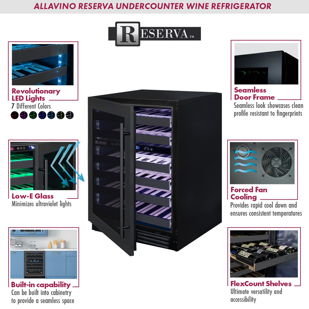 Allavino Reserva Series 50 Bottle Dual Zone Built-in Wine Cooler Refrigerator with Black Stainless Steel Door - Left Hinge - BDW5034D-2BSL