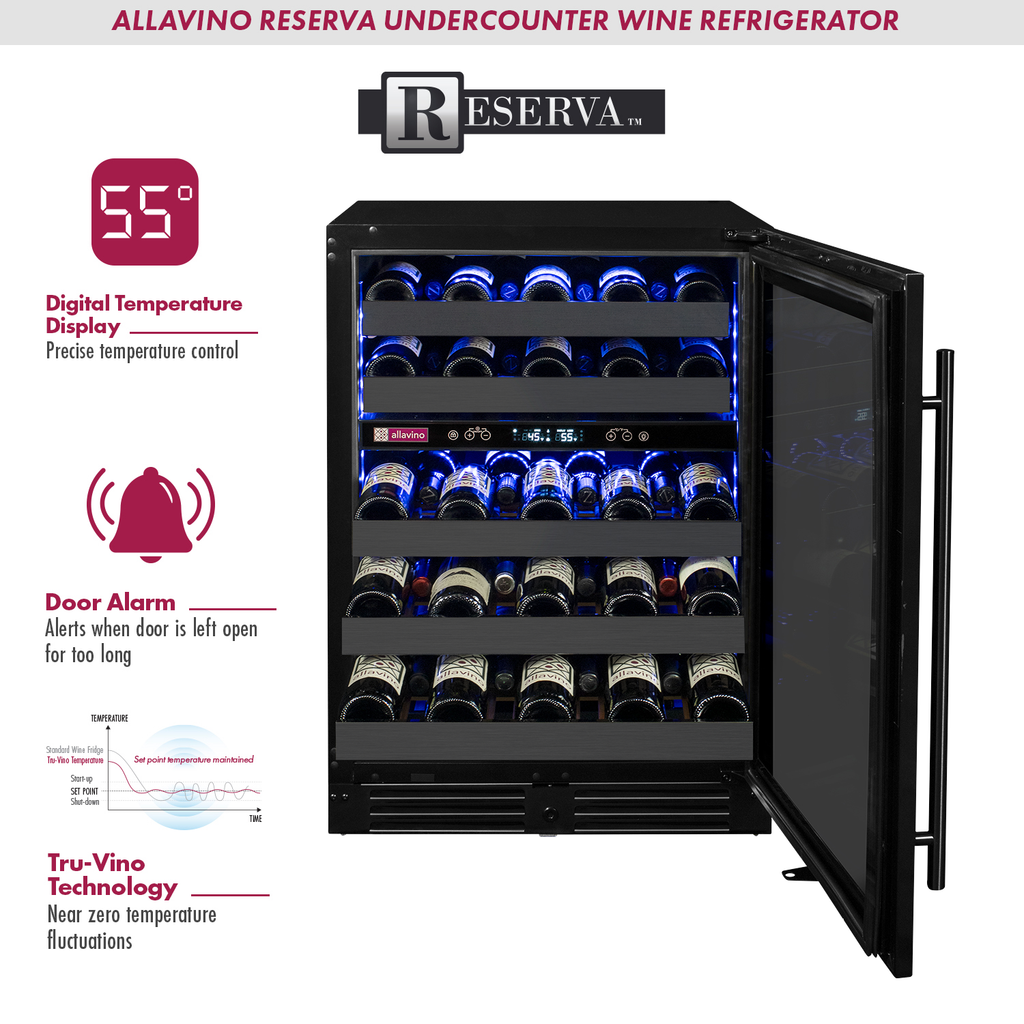 Allavino Reserva Series 50 Bottle Dual Zone Undercounter Wine Cooler Refrigerator with Black Stainless Steel Door - Right Hinge - BDW5034D-2BSR