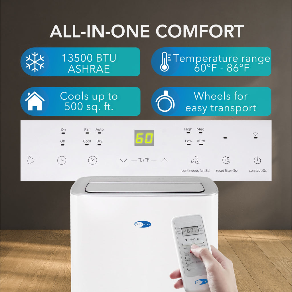 Whynter ARC-1050XPH 13500 BTU (ASHRAE) 10000 BTU (SACC) MultiCool Smart Wi-Fi enabled Portable Air Conditioner with Built-in Dehumidifier and Heating Function, Up to 500 sq. ft. in White