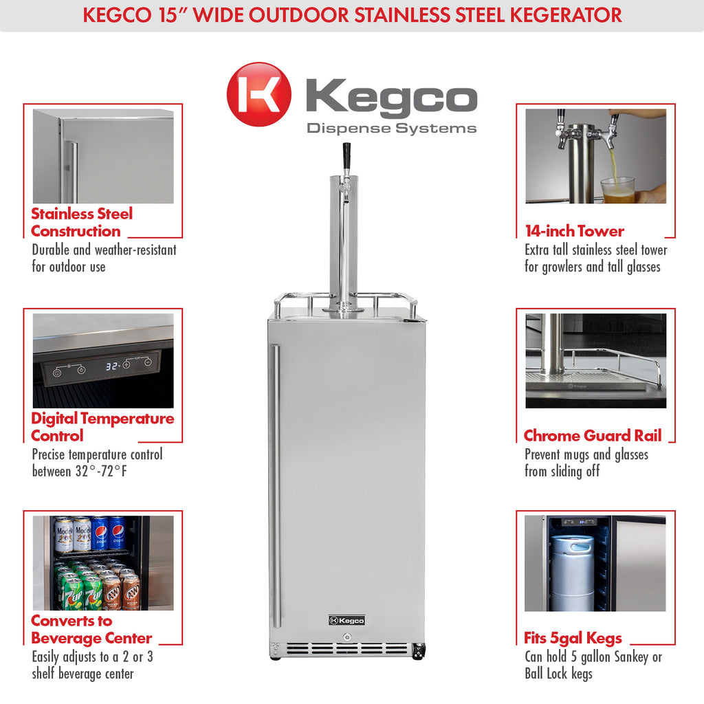 Kegco 15" Wide Outdoor Single Tap Stainless Steel Built-In Commercial Kegerator - HK-15-SS