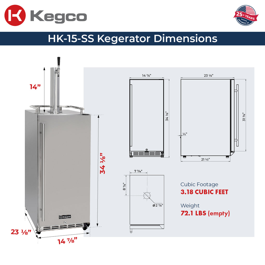 Kegco 15" Wide Outdoor Single Tap Stainless Steel Built-In Commercial Kegerator - HK-15-SS