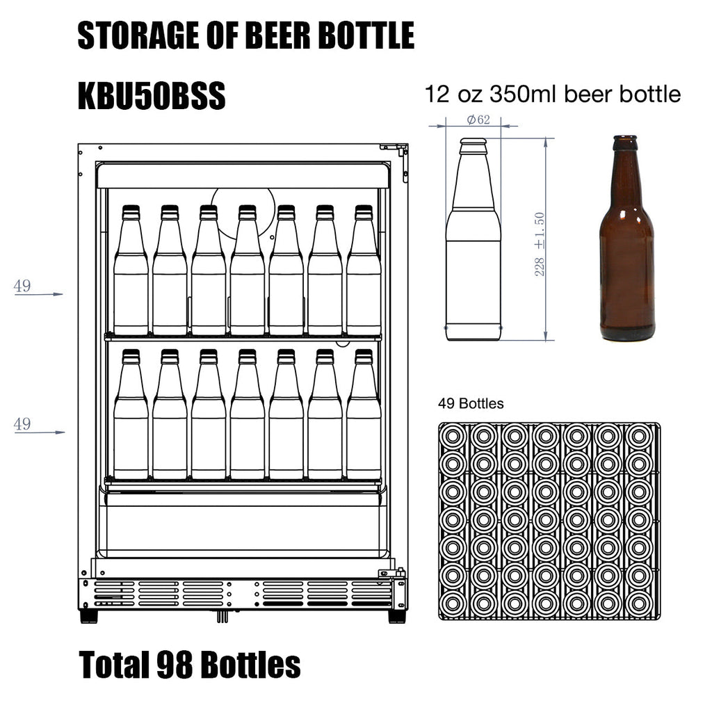 KingsBottle 24 Inch Under Counter Beer Cooler Fridge Built In - KBU50BX