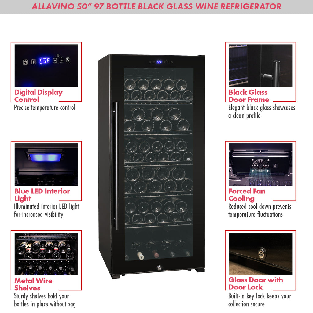 Allavino Contemporary 102 Bottle Single Zone Freestanding Wine Refrigerator with Black Glass Door - KWR102S-1BGR