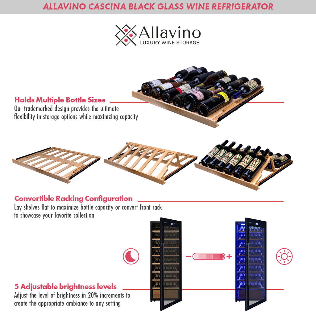 Allavino 248 Bottle Single Zone Freestanding Wine Refrigerator with Display Shelving and Black Glass Door - Left Hinge -  KWR248S-1BGL