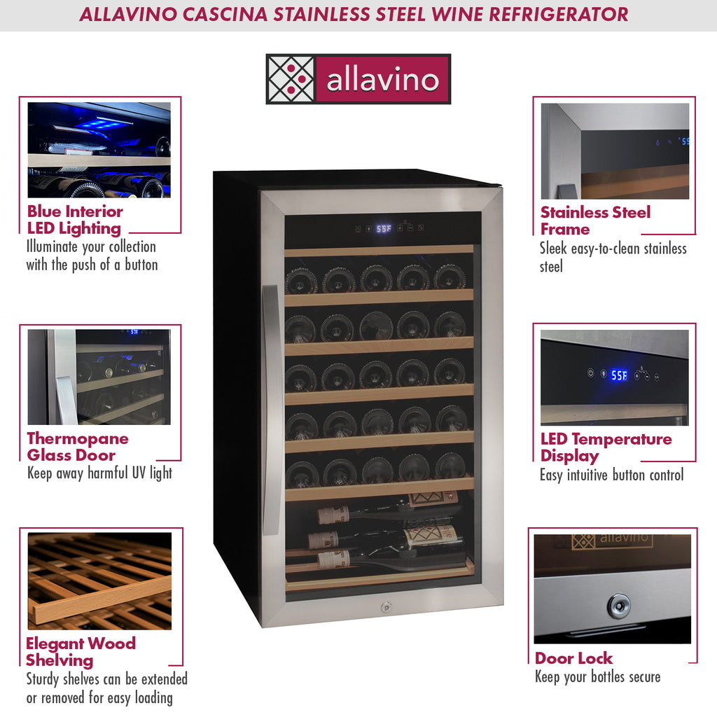 Allavino Cascina Series 33 Bottle Single Zone Freestanding Wine Refrigerator Cooler with Stainless Steel Door - KWR33S-1SR