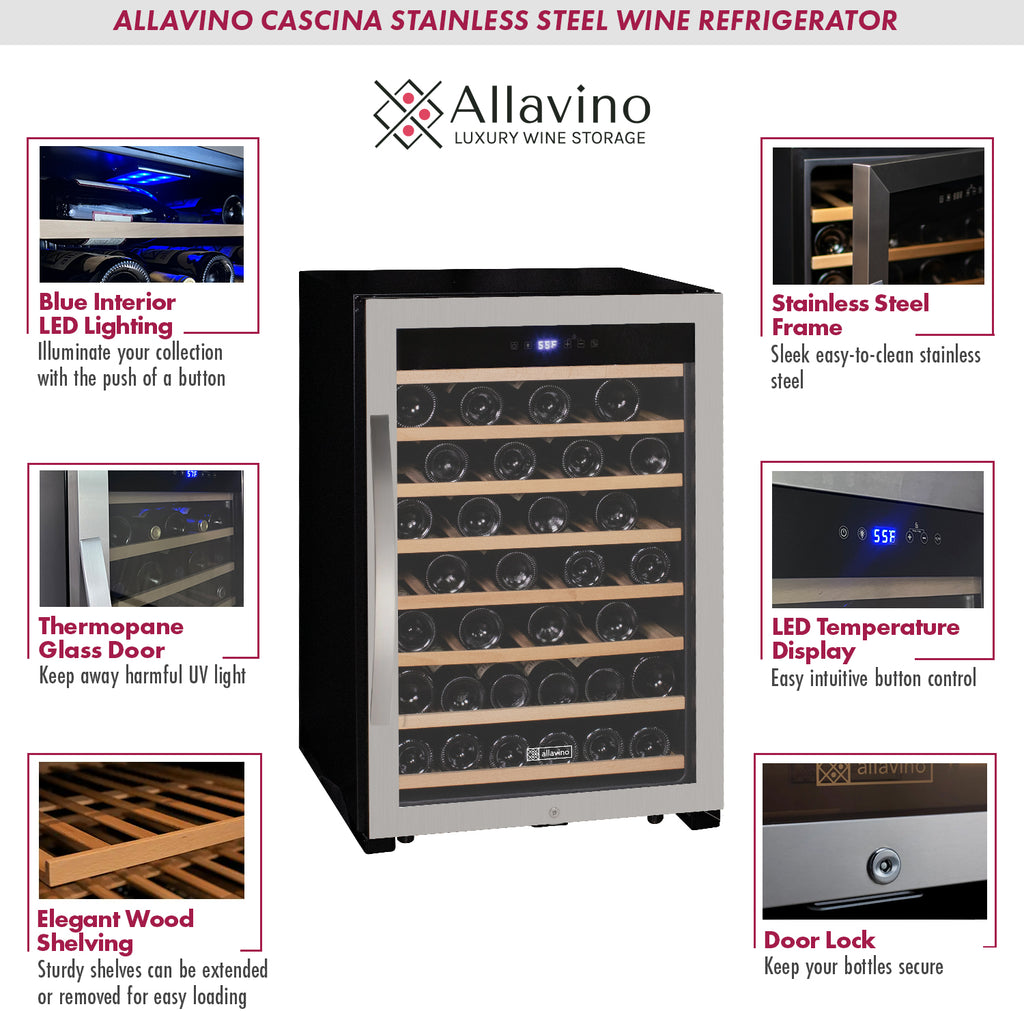 Allavino Cascina Series 55 Bottle Single Zone Freestanding Wine Refrigerator Cooler with Stainless Steel Door - KWR55S-1SR