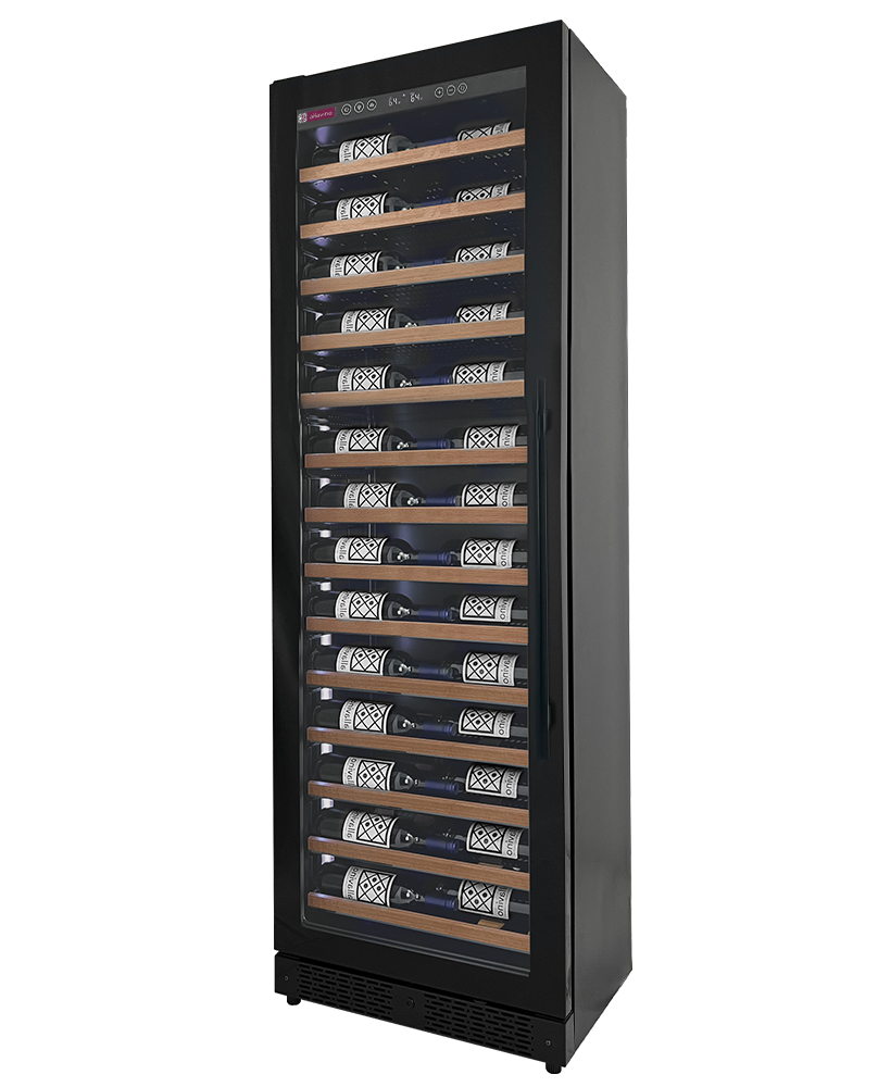 Allavino Reserva Series 67 Bottle 71" Tall Single Zone Left Hinge Black Shallow Wine Refrigerator with Wood Front Shelves - VSW6771S-1BL-WD - Wine Cooler City