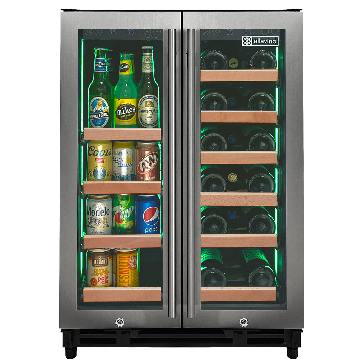 Allavino Reserva Series 24" Wide Two Door Stainless Steel Wine Refrigerator/Beverage Center with Wood Front Shelves - VSBCW34FD-2SW