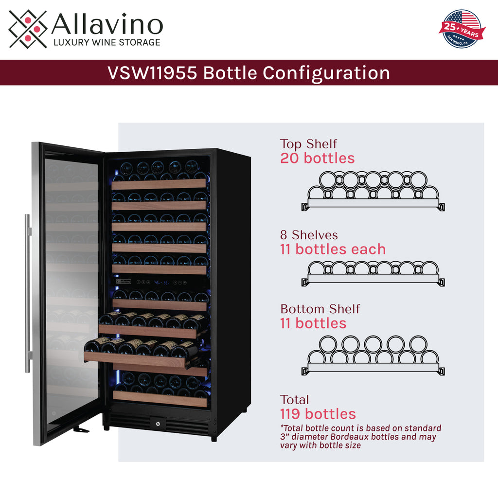 Allavino 119 Bottle 55" Tall Dual Zone Left Hinge Stainless Steel Wine Refrigerator - VSW11955D-2SL