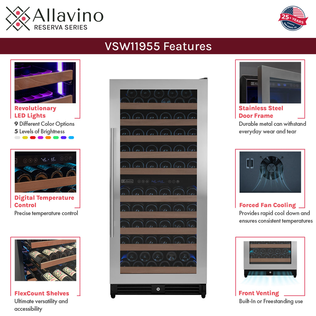 Allavino 119 Bottle 55" Tall Dual Zone Right Hinge Stainless Steel Wine Refrigerator - VSW11955D-2SR