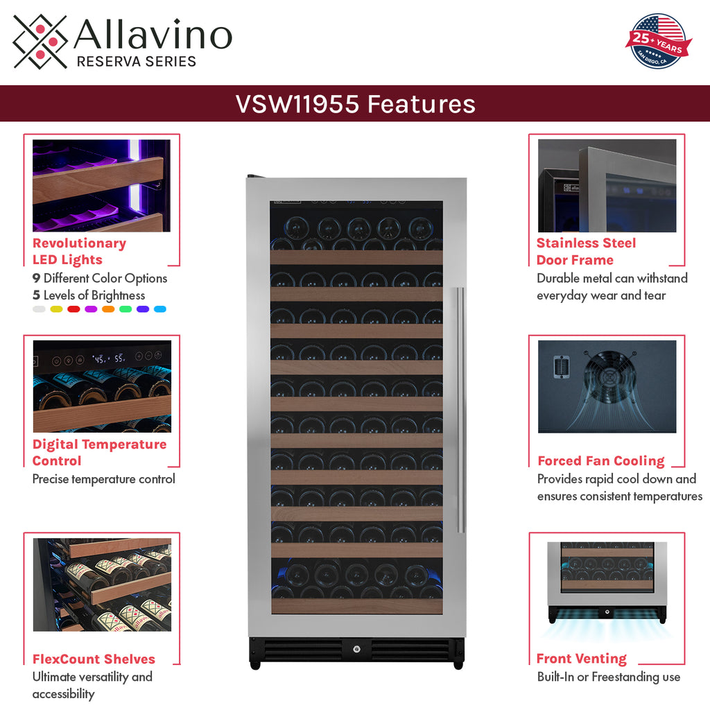 Allavino 119 Bottle 55" Tall Single Zone Left Hinge Stainless Steel Wine Refrigerator - VSW11955S-1SL