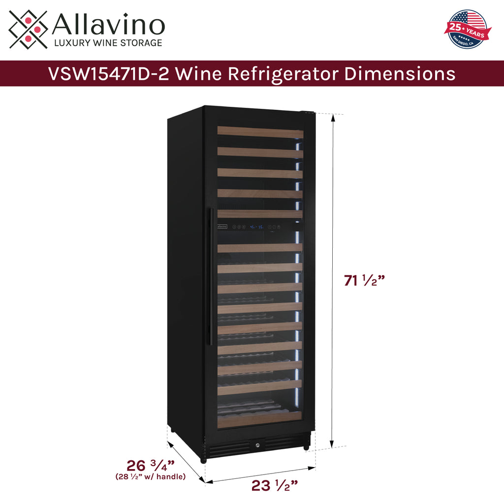 Allavino Reserva Series 154 Bottle 71" Tall Dual Zone Built-in Right Hinge Wine Refrigerator with Black Metal Door - VSW15471D-2BR