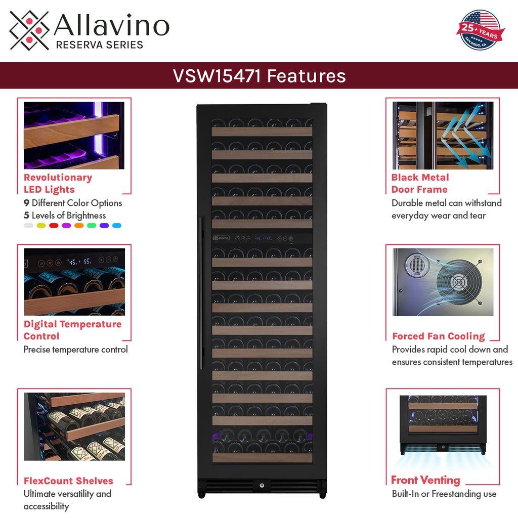 Allavino Reserva Series 154 Bottle 71" Tall Dual Zone Built-in Right Hinge Wine Refrigerator with Black Metal Door - VSW15471D-2BR