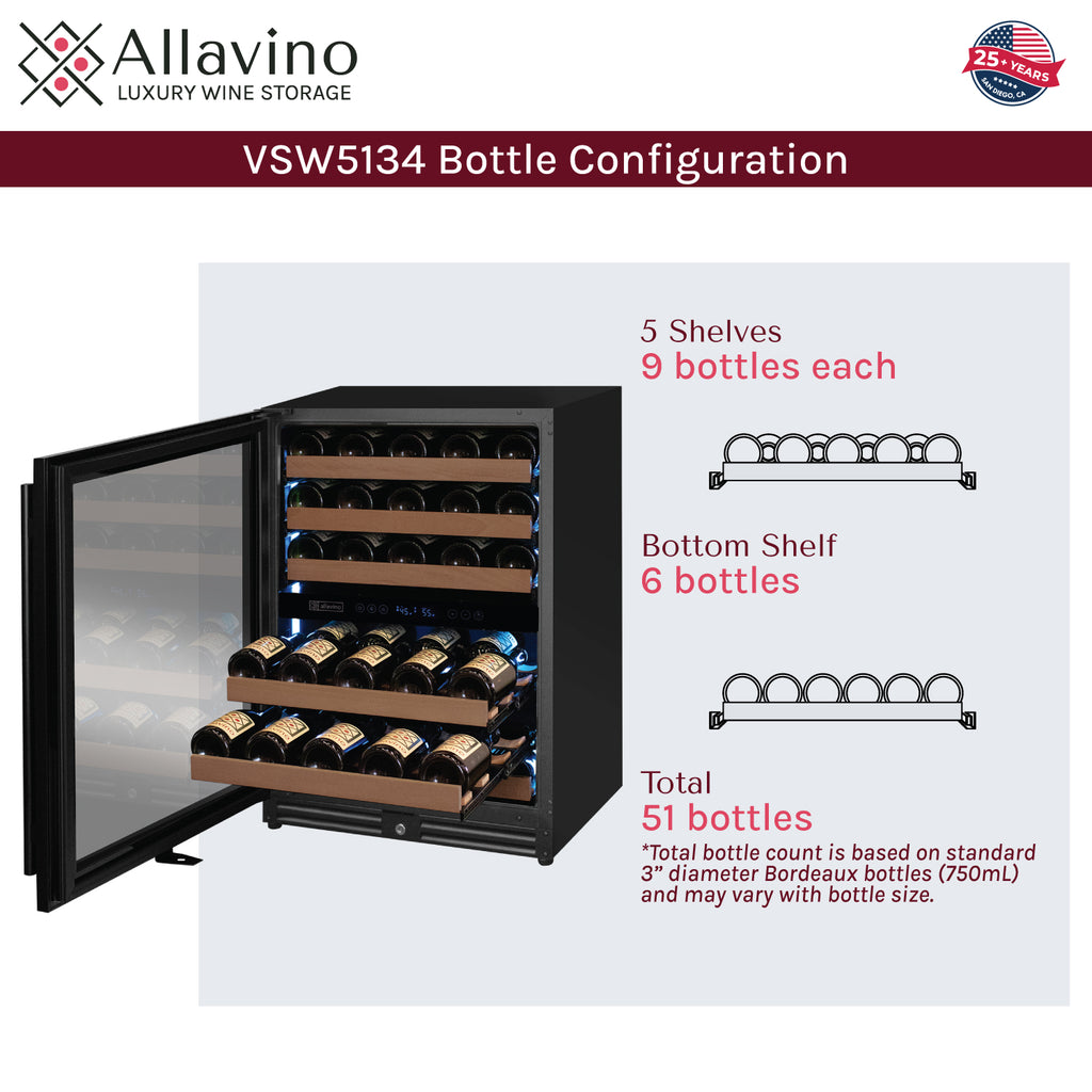 Allavino Reserva Series - 51 Bottle Dual Zone Built-in Luxury Wine Refrigerator with Black Door - Left Hinge - VSW5134D-2BL