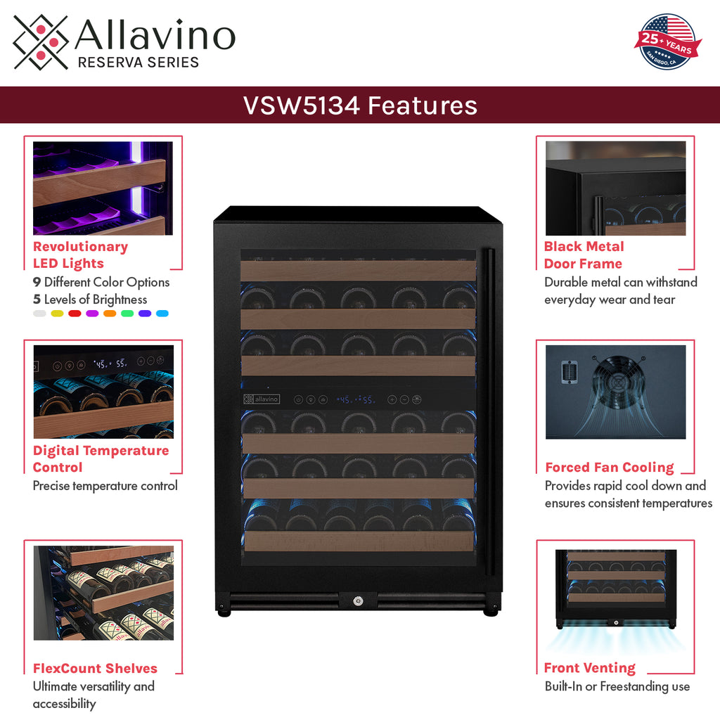Allavino Reserva Series - 51 Bottle Dual Zone Built-in Luxury Wine Refrigerator with Black Door - Left Hinge - VSW5134D-2BL