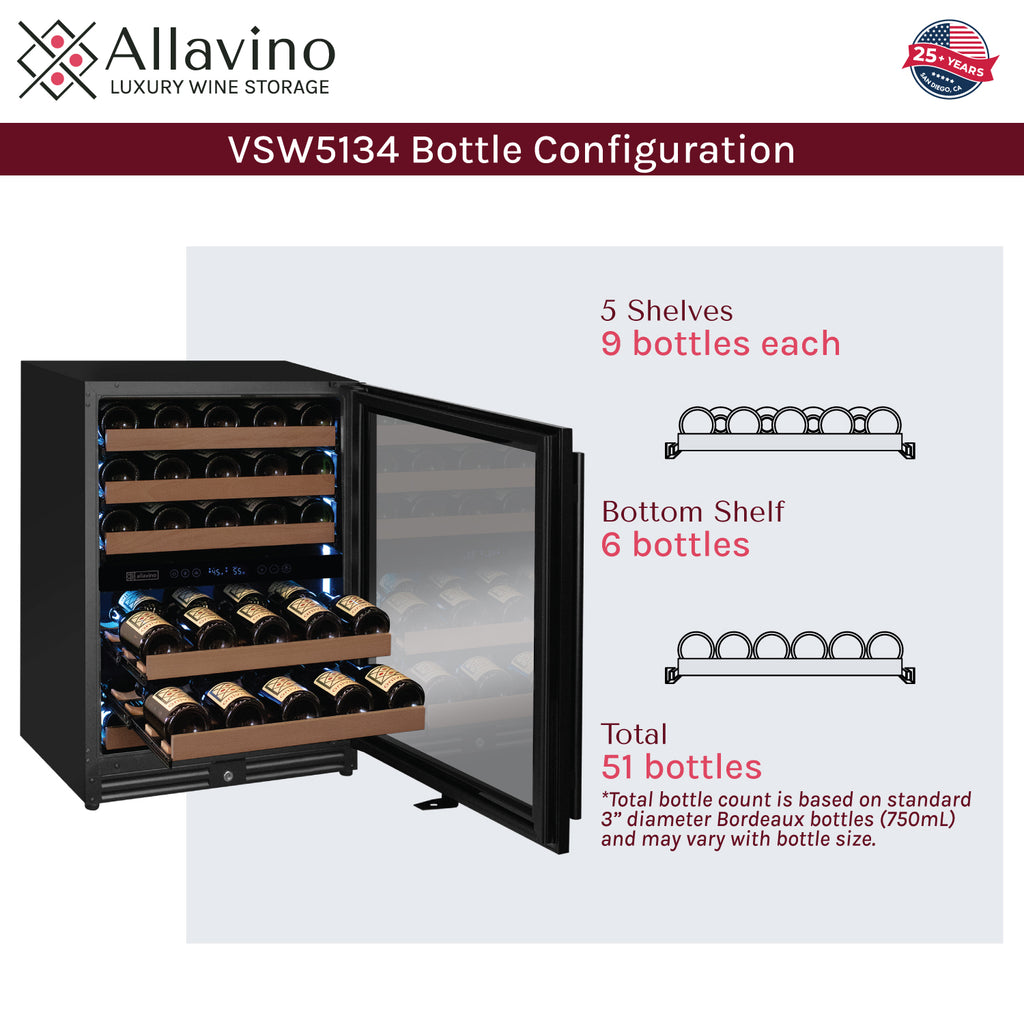 Allavino Reserva Series - 51 Bottle Dual Zone Built-in Luxury Wine Refrigerator with Black Door - Right Hinge - VSW5134D-2BR