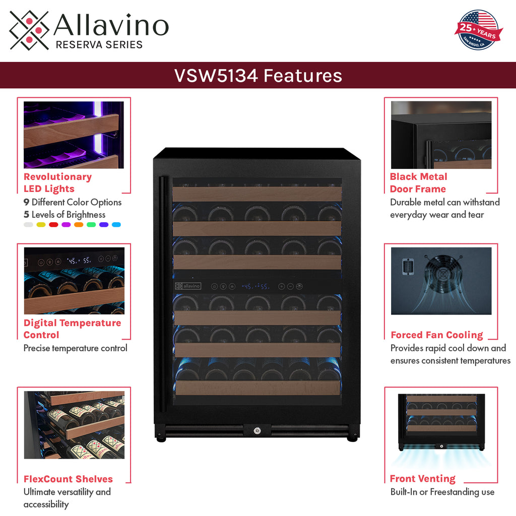 Allavino Reserva Series - 51 Bottle Dual Zone Built-in Luxury Wine Refrigerator with Black Door - Right Hinge - VSW5134D-2BR