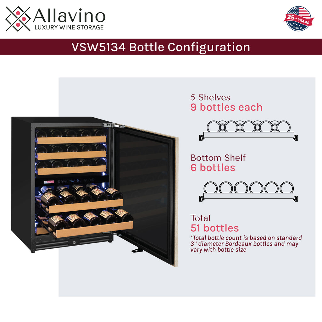 Allavino Reserva Series - 51 Bottle Dual Zone Built-in Luxury Wine Refrigerator with Panel Ready Overlay Door - Right Hinge Model: VSW5134D-2PRR