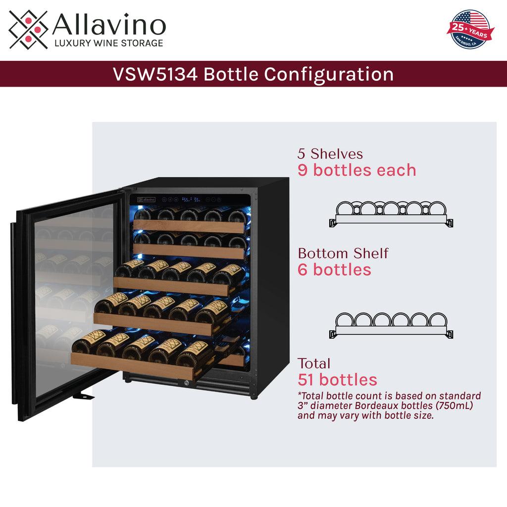 Allavino Reserva Series - 51 Bottle Single Zone Built-in Luxury Wine Refrigerator with Black Door - Left Hinge - VSW5134S-1BL