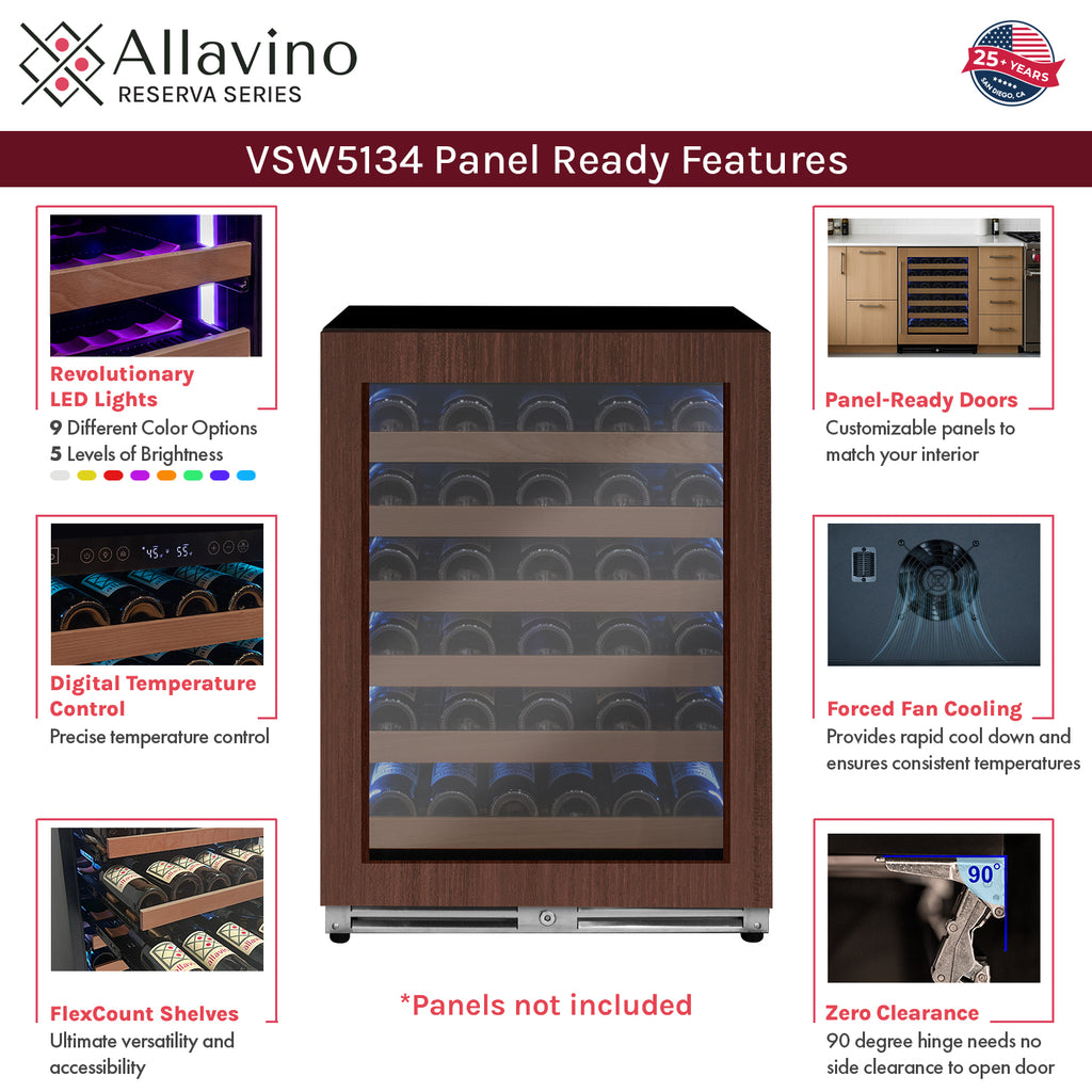 Allavino Reserva Series - 51 Bottle Single Zone Built-in Luxury Wine Refrigerator with Panel Ready Overlay Door - Right Hinge - VSW5134S-1PRR