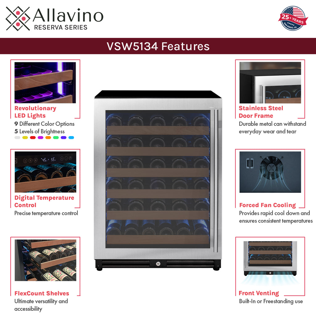 Allavino Reserva Series 51 Bottle Single Zone Built-in Luxury Wine Refrigerator with Stainless Steel Door - Left Hinge - VSW5134S-1SL