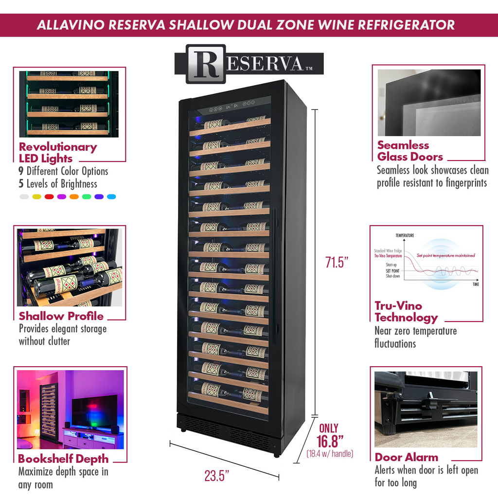 Allavino Reserva Series 67 Bottle 71" Tall Single Zone Left Hinge Black Shallow Wine Refrigerator with Wood Front Shelves - VSW6771S-1BL-WD - Wine Cooler City