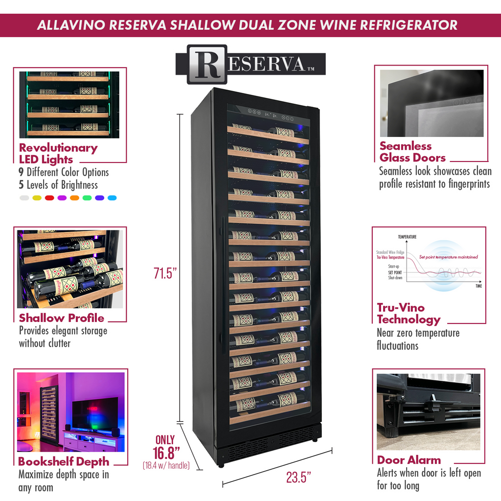 Allavino Reserva Series 67 Bottle 71" Tall Single Zone Right Hinge Black Shallow Wine Refrigerator with Wood Front Shelves - VSW6771S-1BR-WD