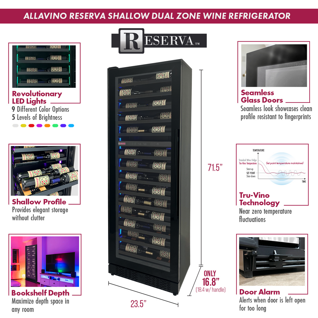 Allavino Reserva Series 67 Bottle 71" Tall Dual Zone Left Hinge Black Shallow Wine Cooler Refrigerator Console - VSW6771D-2BL