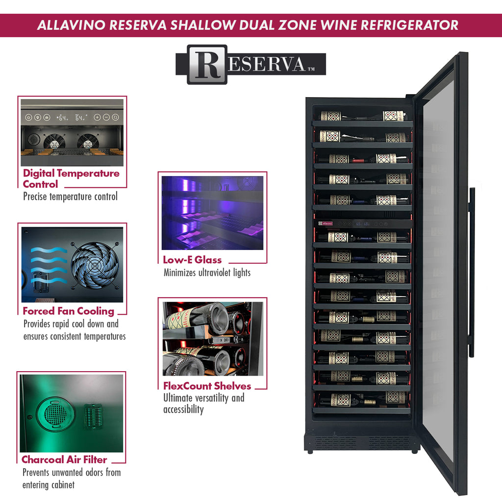 Allavino Reserva Series 67 Bottle 71" Tall Dual Zone Right Hinge Black Shallow Wine Cooler Refrigerator - VSW6771D-2BR