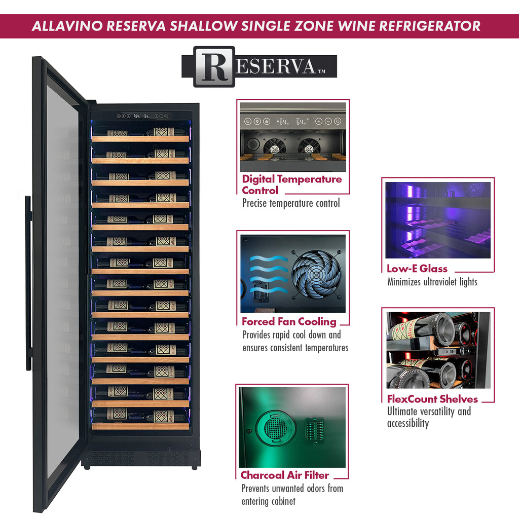 Allavino Reserva Series 67 Bottle 71" Tall Single Zone Left Hinge Black Shallow Wine Refrigerator with Wood Front Shelves - VSW6771S-1BL-WD - Wine Cooler City