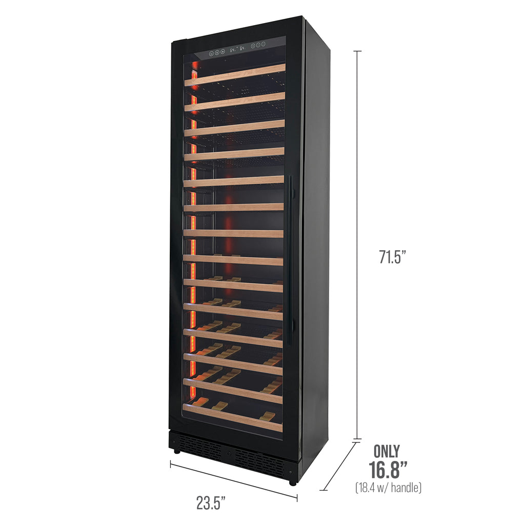 Allavino Reserva Series 67 Bottle 71" Tall Single Zone Left Hinge Black Shallow Wine Refrigerator with Wood Front Shelves - VSW6771S-1BL-WD - Wine Cooler City