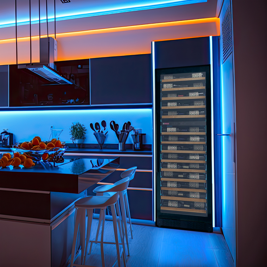 Allavino Reserva Series 67 Bottle 71" Tall Dual Zone Left Hinge Black Shallow Wine Refrigerator with Wood Front Shelves - VSW6771D-2BL-WD