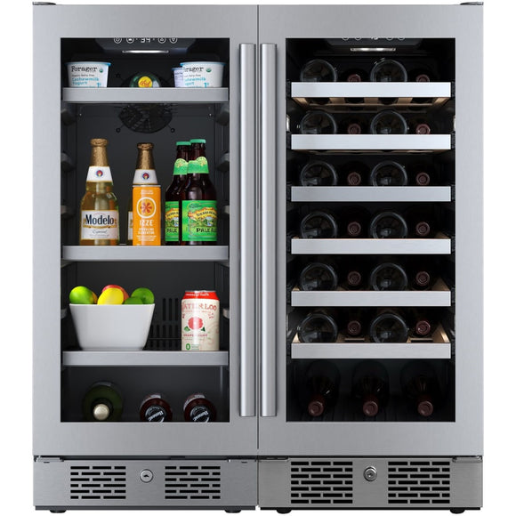 Avallon 30 Inch Wide 86 Can Capacity Beverage Cooler and 27 Bottle Capacity Single Zone Wine Cooler with Double Pane Glass, Touch Control Panel, and Lockable Doors - AWCBV8627