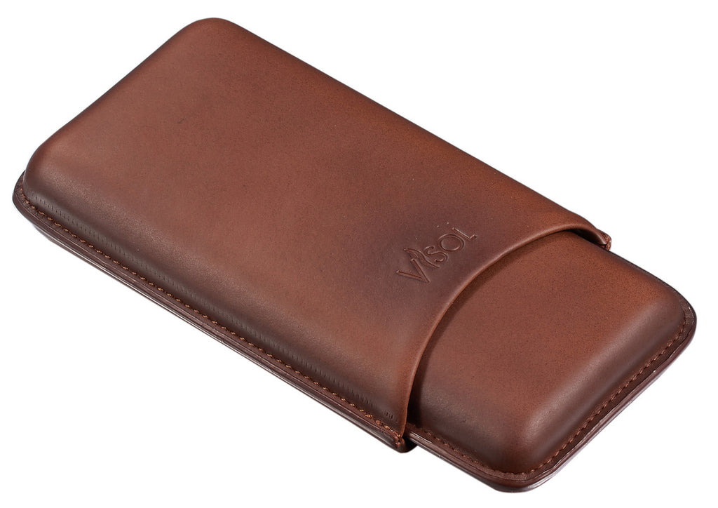 Visol Legend Brown Genuine Leather Cigar Case - Holds 3 Cigars - VCASE471