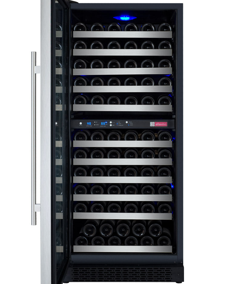 Allavino 24" Wide FlexCount II Tru-Vino 121 Bottle Dual Zone Stainless Steel Left Hinge Wine Refrigerator - VSWR121-2SL20 - Wine Cooler City