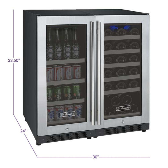 Allavino 30" Wide FlexCount II Tru-Vino 30 Bottle/88 Can Dual Zone Stainless Steel Built-In Wine Refrigerator/Beverage Center - VSWB30-2SF20 - Wine Cooler City