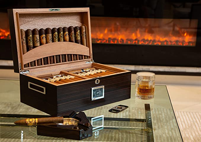 Prestige Import Group - Rockefeller Built-in Partitioned Display Cigar Humidor - Capacity: 130 - Color: Matte Ebony Finish