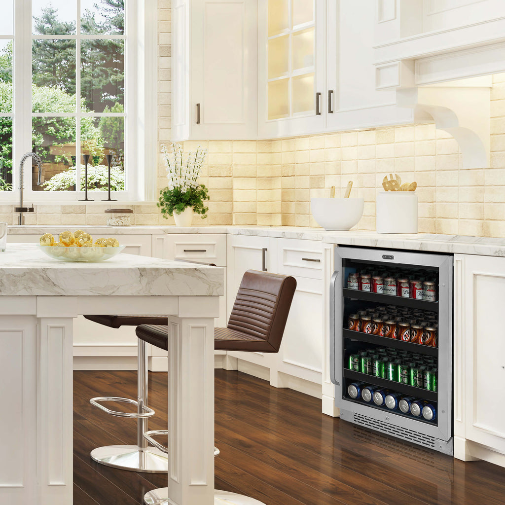 Whynter 24 inch Built-In 140 Can Undercounter Stainless Steel Beverage Refrigerator with Reversible Door, Digital Control, Lock and Carbon Filter - BBR-148SB