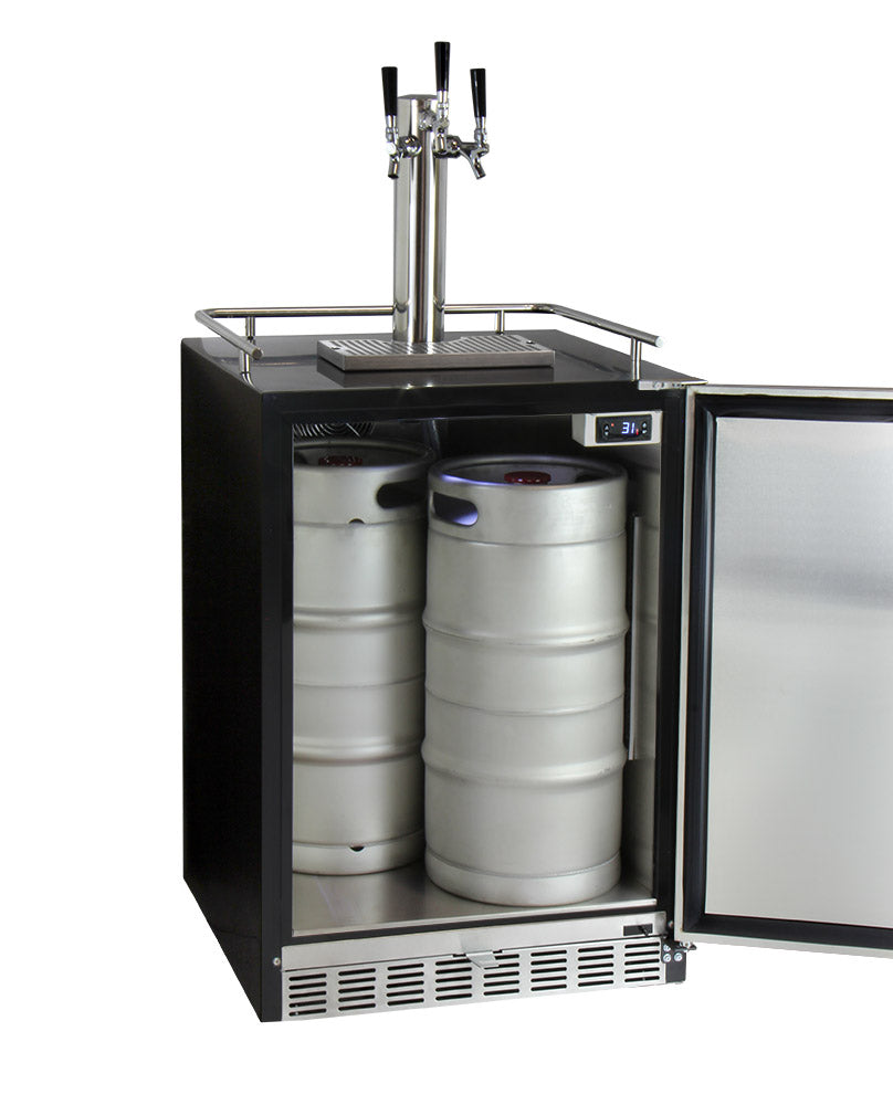 Kegco 24" Wide Triple Tap Stainless Steel Built-In Left Hinge Digital Kegerator with Kit - HK38BSU-L-3 - Wine Cooler City