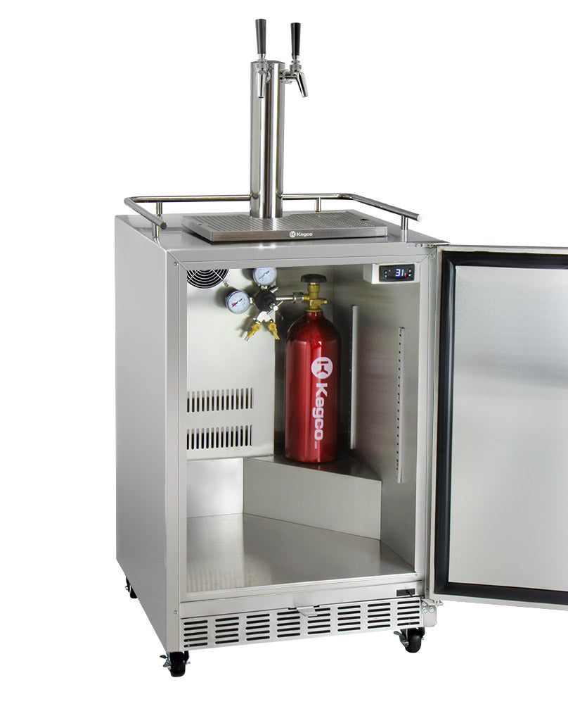 Kegco 24" Wide Dual Tap All Stainless Steel Commercial Outdoor Right Hinge Kegerator with Kit - HK38SSC-2 - Wine Cooler City