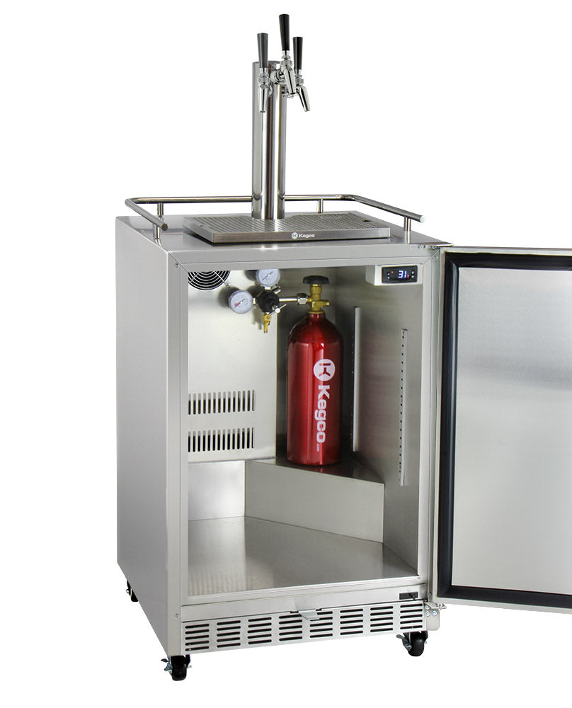 Kegco24" Wide Triple Tap All Stainless Steel Commercial Outdoor Left Hinge Kegerator with Kit - HK38SSC-L-3 - Wine Cooler City