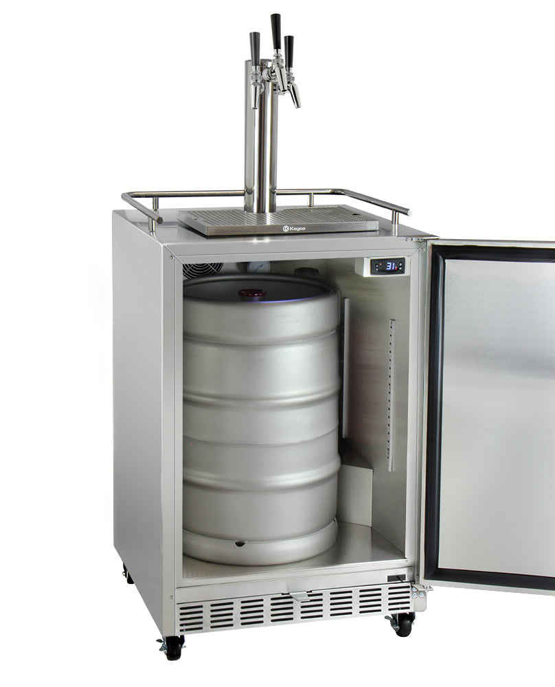 Kegco24" Wide Triple Tap All Stainless Steel Commercial Outdoor Left Hinge Kegerator with Kit - HK38SSC-L-3 - Wine Cooler City