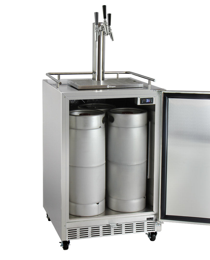 Kegco24" Wide Triple Tap All Stainless Steel Commercial Outdoor Left Hinge Kegerator with Kit - HK38SSC-L-3 - Wine Cooler City