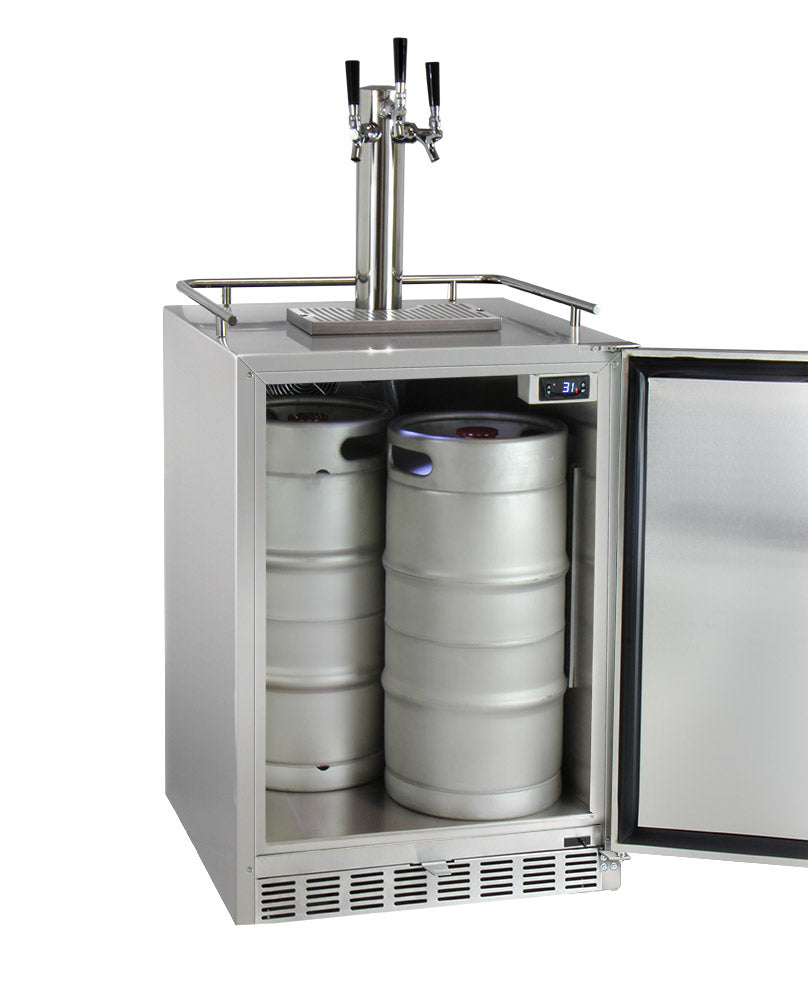 Kegco 24" Wide Triple Tap All Stainless Steel Outdoor Built-In Right Hinge Kegerator with Kit - HK38SSU-3 - Wine Cooler City