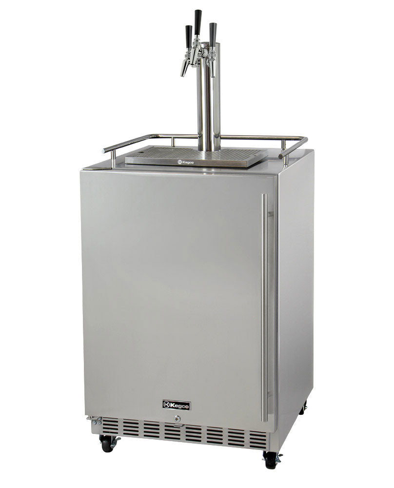 Kegco24" Wide Triple Tap All Stainless Steel Commercial Outdoor Left Hinge Kegerator with Kit - HK38SSC-L-3 - Wine Cooler City