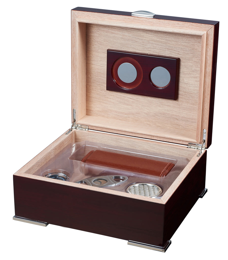 Visol Xander Burgundy Wood Humidor Gift Set with Case and Cutter - Wine Cooler City
