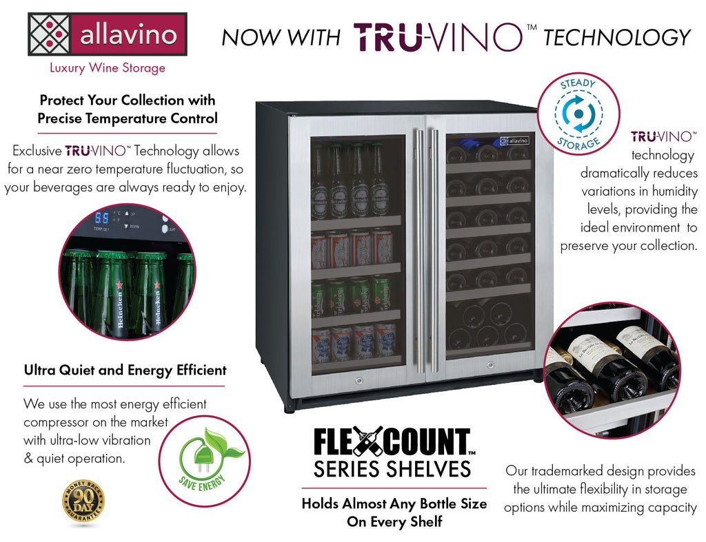Allavino 30" Wide FlexCount II Tru-Vino 30 Bottle/88 Can Dual Zone Stainless Steel Built-In Wine Refrigerator/Beverage Center - VSWB30-2SF20 - Wine Cooler City