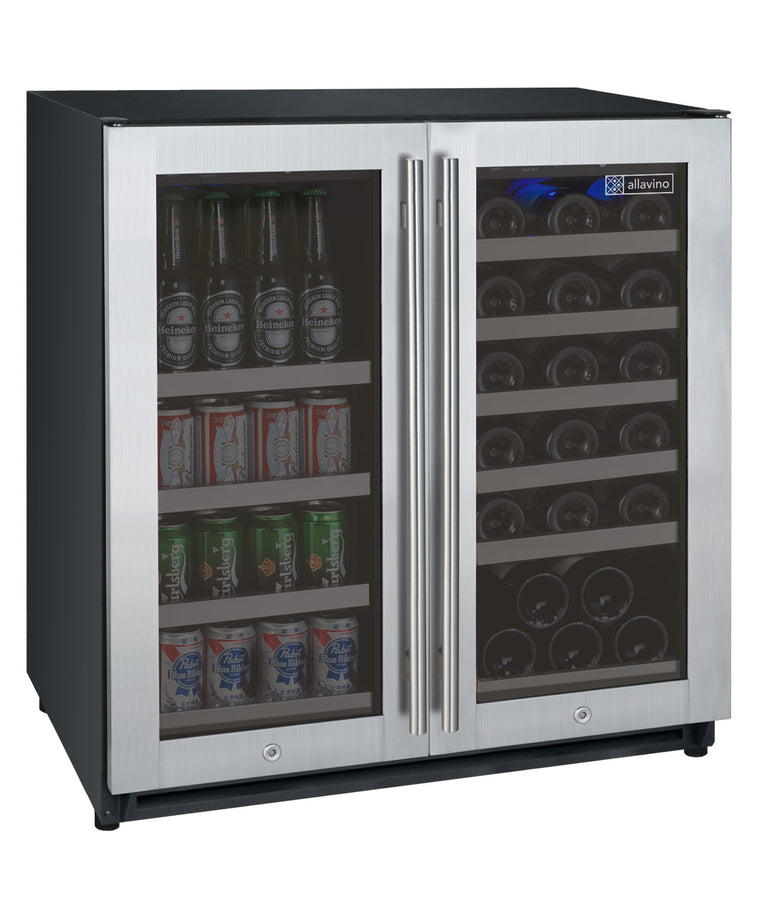 Allavino 30" Wide FlexCount II Tru-Vino 30 Bottle/88 Can Dual Zone Stainless Steel Built-In Wine Refrigerator/Beverage Center - VSWB30-2SF20 - Wine Cooler City