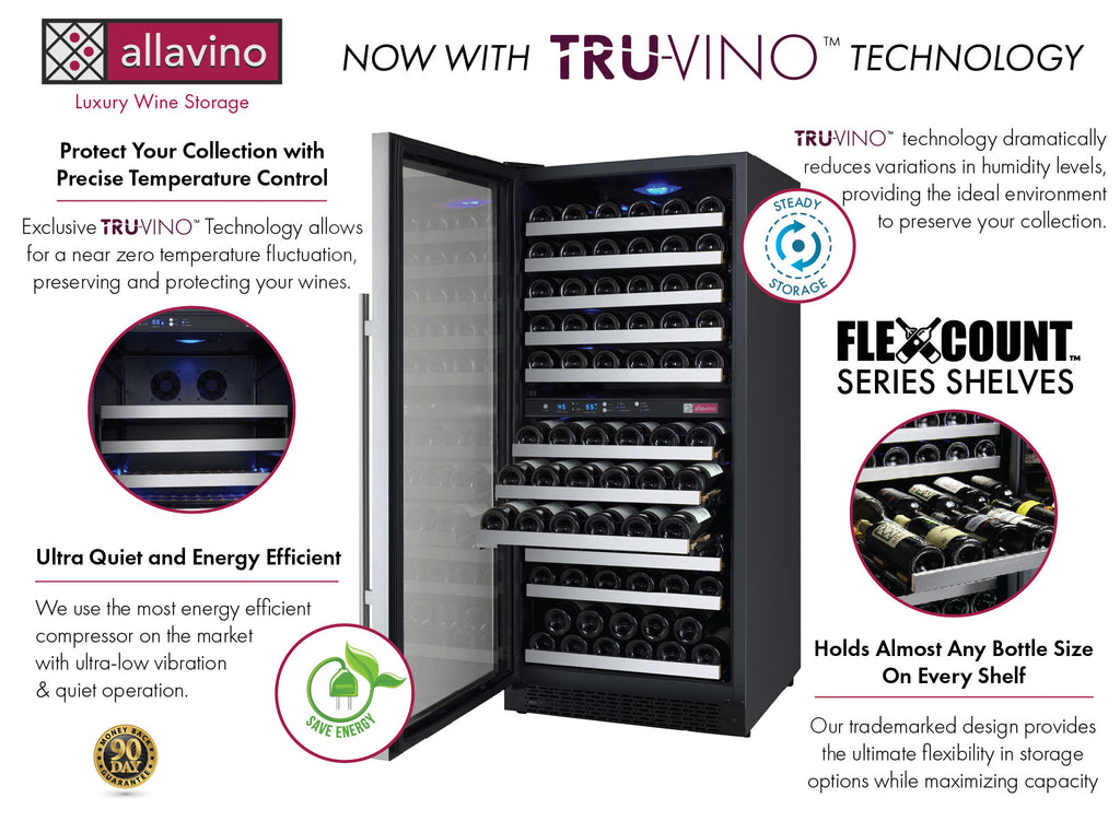 Allavino 24" Wide FlexCount II Tru-Vino 121 Bottle Dual Zone Stainless Steel Left Hinge Wine Refrigerator - VSWR121-2SL20 - Wine Cooler City